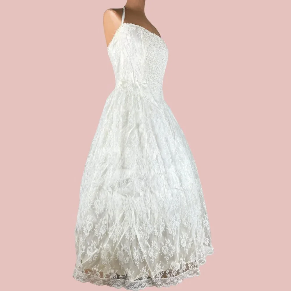 Vintage Scott McClintock 80s Strapless White Lace Wedding Dress Set 1950s style - Picture 4 of 16